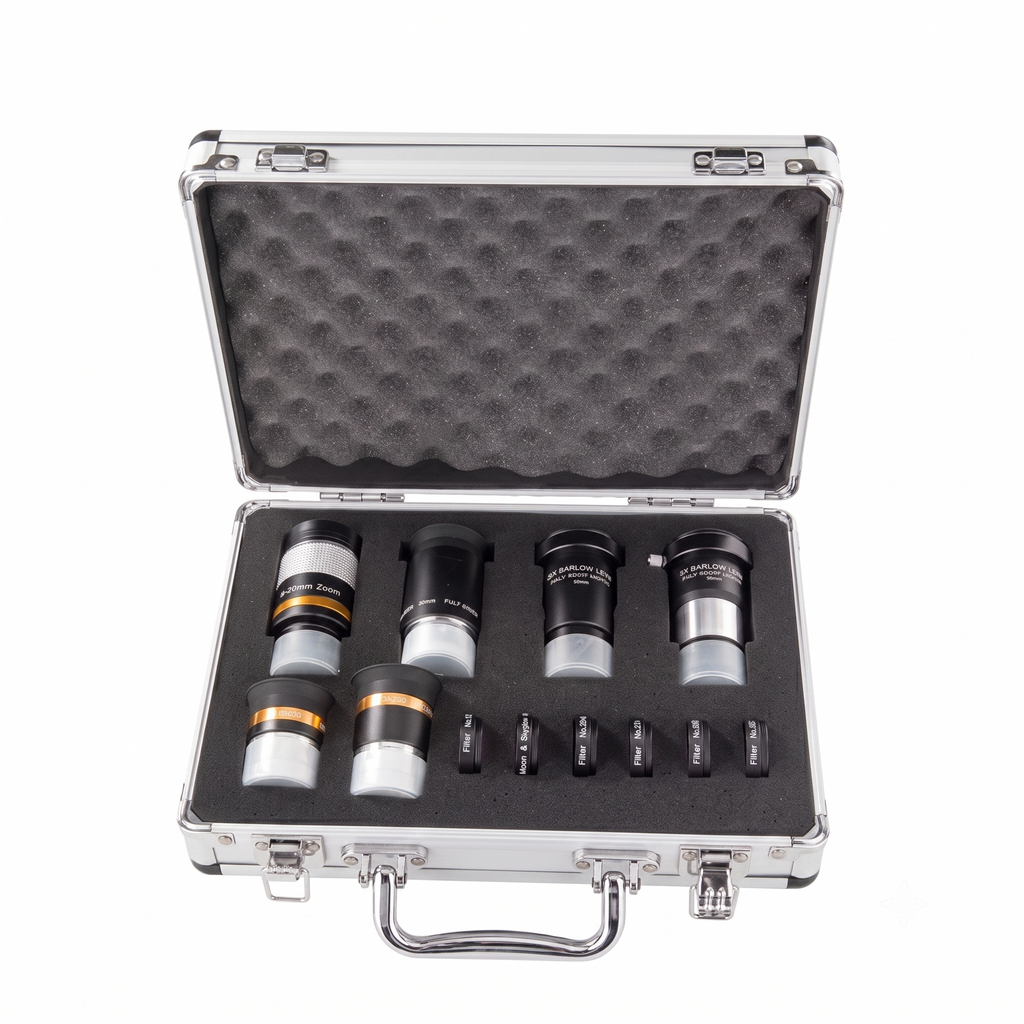 Kit Accessoires Astronomie 1.25" 13 Pièces Oculaires Filtres Barlow et Mallette Aluminium