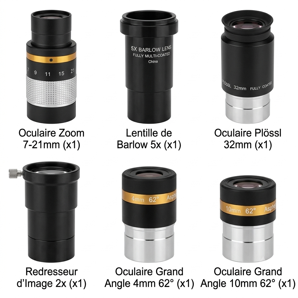 Kit Accessoires Astronomie 1.25" 13 Pièces Oculaires Filtres Barlow et Mallette Aluminium